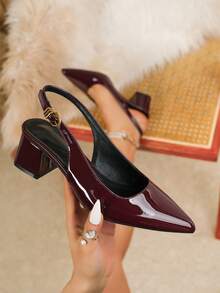 Women's Patent Leather Pointed Toe Chunky Heel Pumps, Burgundy, Elegant Formal Fashion Buckle Party Dress Shoes, Sexy Buckle Ankle Strap High Heels - Burgundy - View 1
