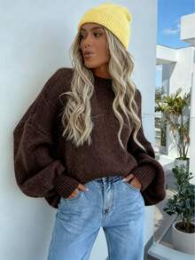 Plus Size Women Loose Knit Sweater, Brown, Autumn/Winter Clothing Fall - Coffee Brown - View 3