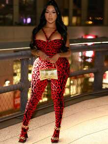 夏季新款豹纹时尚修身紧身连体裤无袖修身吊带长款连体裤优雅 - 紅 - 查看 4