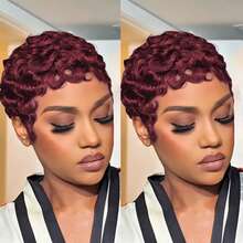 1B Black & 99J Wine Red Curly Wavy Short Wig, 100% Human Hair Pixie Cut Wig, Layered Pixie Short Wig With Bangs, Realistic Lace-Free Full Machine Wefted Wig, Suitable For Daily Wear