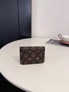 新款女士棕色短款PU皮钱包，随机印花图案，经典复古时尚扭扣短款零钱包，多功能简约手拿包，女士迷你钱包，小钱包，可爱钱包，旅行必备证件夹，身份证夹 - 棕色 - 查看 3