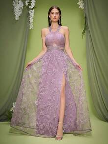 Vestido de cena con abertura y gran vuelo, bordado con encaje y luces LED de perspectiva - Lila Púrpura - Ver 1