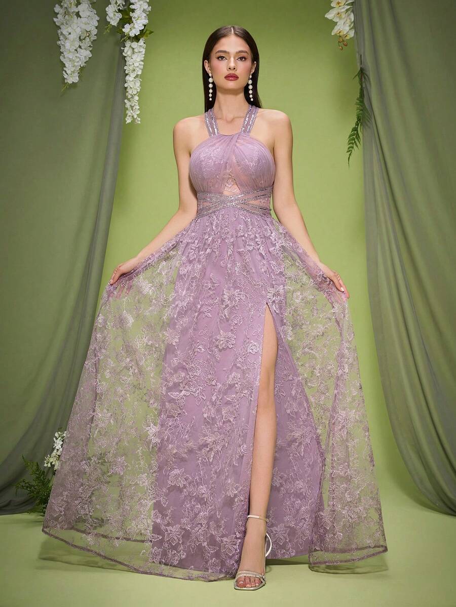 Vestido de cena con abertura y gran vuelo, bordado con encaje y luces LED de perspectiva - Lila Púrpura - Ver 1