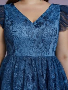 Anpoket (No Fixed Flower) V-Neck Mesh, Lotus Leaf Patchwork Embroidery, Lace, Folded And Large Swing Long Dress - Blue - View 6