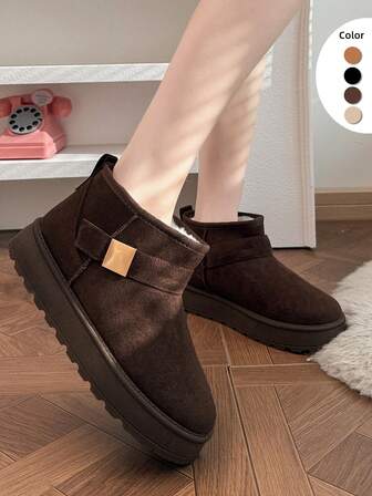 Women's Simple Fashion Basic Metal Buckle Preppy College Fleece Snow Boots, Slip-On, Brown, Winter Home Ankle Boots