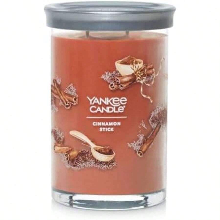 Yankee Candle - Vela perfumada de pilar mediano con hasta 115 horas de combustión, mezcla de cera de plantas premium para quemaduras constantes, vela de pilar de 14 onzas con fragancia de relleno de(Barra de canela Signature Large 2-Wick Tumbler) - Multicolor - Ver 1