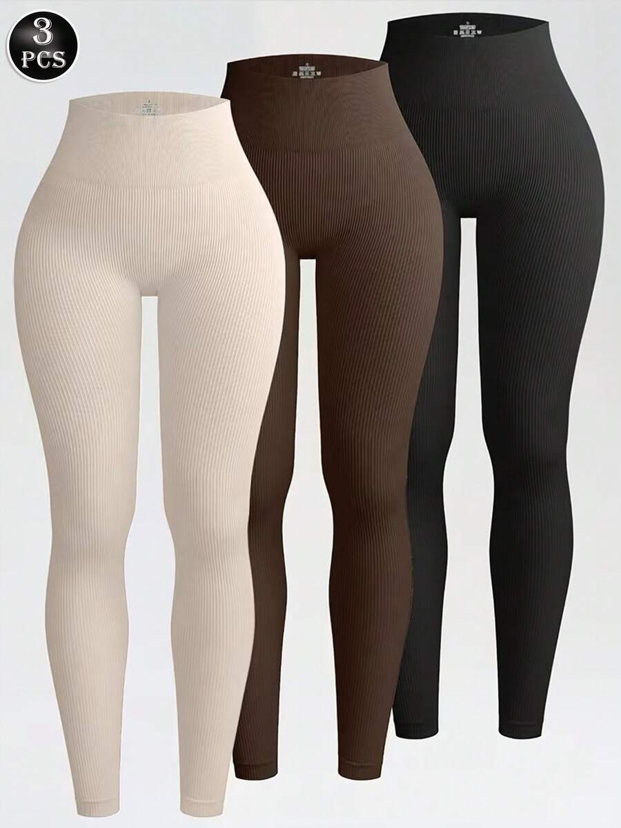 3pcs Seamless Ribbed High Waist Yoga Pants, Women Tummy Control Workout Leggings, Ankle Length Fitness Running Cycling Pilates Butt Lifting Tight Pants - Multicolor - View 1