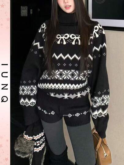 IUNQ 【送料無料】国内発送レディース冬クリスマスニットセット、クリスマスファッションレディース冬服、レディースニットタートルネックセーター+ニットショーツセット、レディース秋冬日常通勤シリーズ