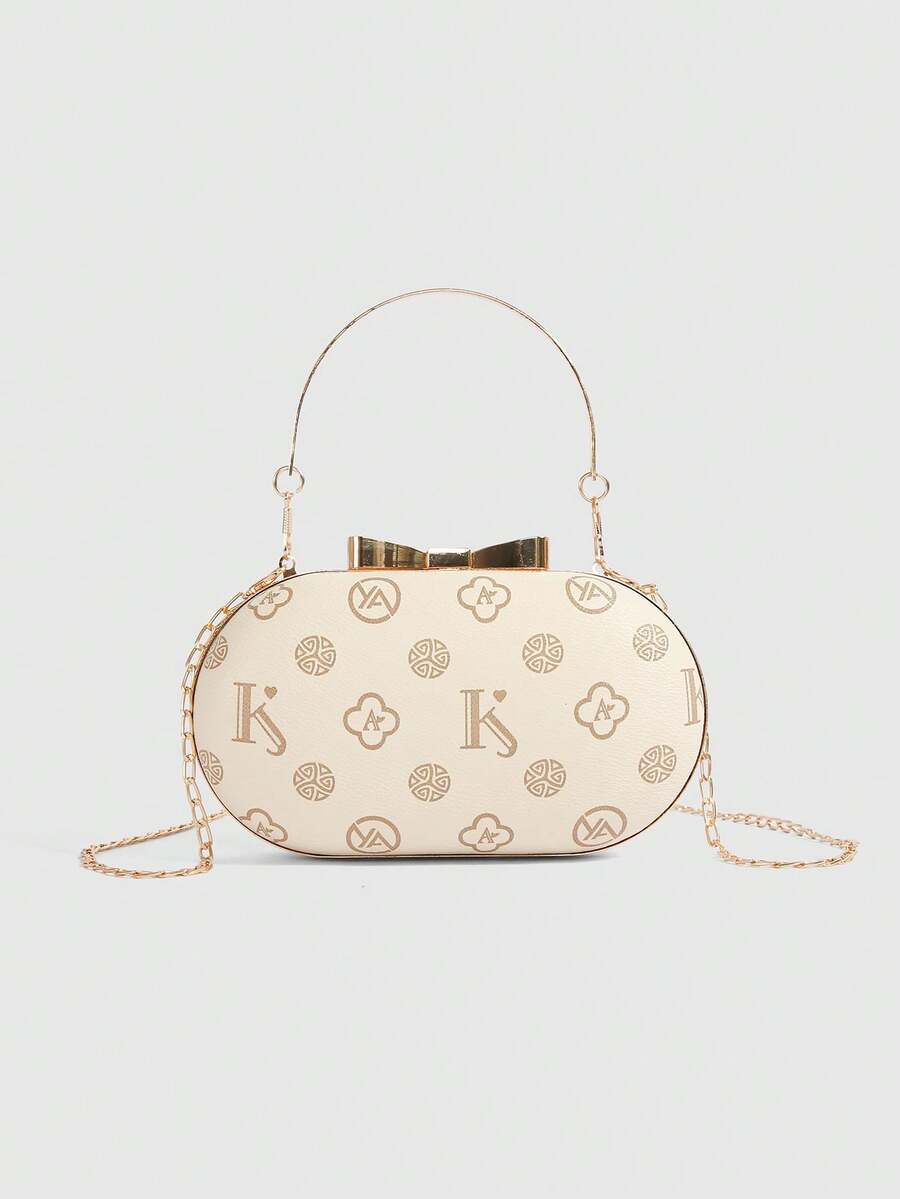 优雅时尚迷你晚宴包/闪亮手拿包/钻石晚宴包，派对亮面，金属链条，婚礼金色新娘包，斜挎手提包，女士包，花卉装饰，随机印花图案 - 彩色 - 查看 1