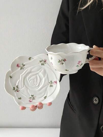 法式Ins风花卉玫瑰陶瓷杯碟套装，家用下午茶咖啡杯茶杯礼物，适合情人节、母亲节、圣诞节