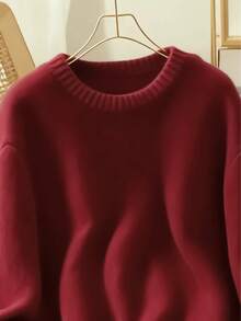 Áo len dệt kim màu trơn mềm mại và ấm áp dành cho nữ, trang phục thường ngày cho mùa thu - màu đỏ tươi - Xem 3