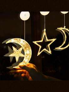 3pcs Moon & Star Window Lights, Suction Cup Hanging LED Battery Powered Holiday Decor Lights, Indoor/Outdoor Decoration For Home Gatherings, Weddings, Birthdays, Valentine's Day - Multicolor - View 6