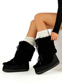 Knee High Boots For Women Mid-Calf Flat Fuzzy Boots Round Toe Slip On Boots Lace Up Bow Comfortable Boots Party Dressy Outdoor Fashionable Fashion Boots - 黑色-B - 查看 6