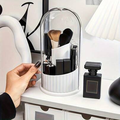 1pc 360° Rotating Transparent Desktop Storage Box - Multi-Functional Storage For Makeup Brushes, Stationery, Etc. - Dust-Proof Design, Suitable For Office, Bedroom, Bathroom - Ideal Holiday Gift
