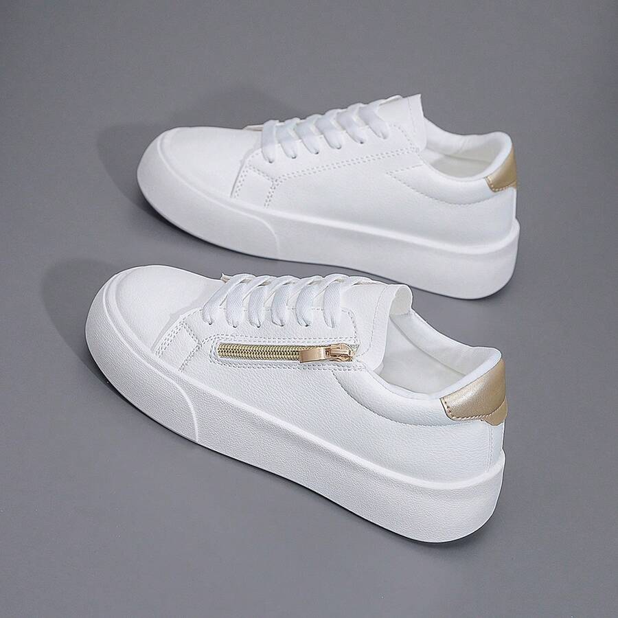 新款拉链百搭经典白色运动鞋，休闲运动鞋，滑板鞋，学生鞋，适合春秋季穿着 - 白色 - 查看 1