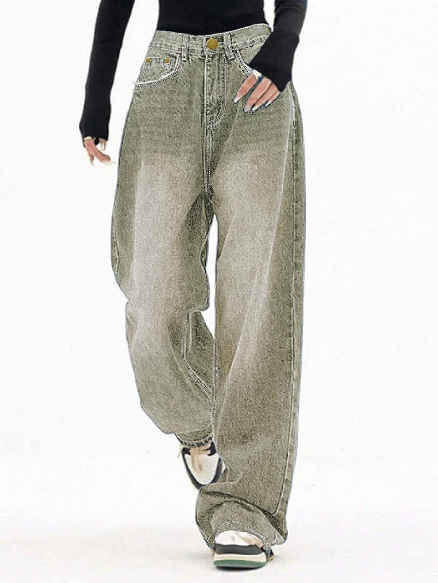 Women's Green Washed Loose Straight Leg Jeans, Retro Casual Street Fashion Versatile - Green - View 1