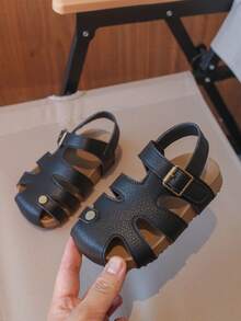 1 Pair Baby Girls' Summer Hook And Loop Sandals, Fashion Toddler Shoes - Black - View 4