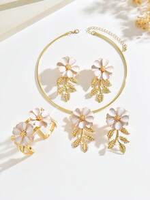 1 Set Of 5pcs Fashionable Bohemian Floral Metal Jewelry Set, Suitable For Women's Daily, Beach, Party, Banquet, Music Festival Wear - Beige - View 2