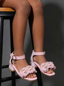 女童闪亮粉色公主裙凉鞋 - 幼儿/小童，闪光面料饰有3D立体花朵，可调节踝带 - 粉色 - 查看 6