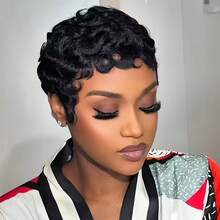 1B Black & 99J Wine Red Curly Wavy Short Wig, 100% Human Hair Pixie Cut Wig, Layered Pixie Short Wig With Bangs, Realistic Lace-Free Full Machine Wefted Wig, Suitable For Daily Wear