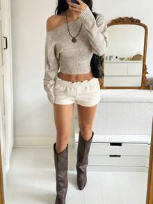 性感露肩针织衫，舒适优雅，适合秋冬约会、休闲聚会、旅行 - 卡其色 - 查看 4