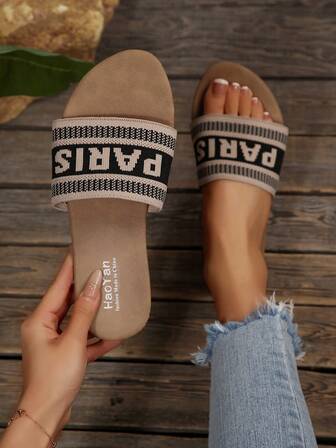 大码女士绑带平底凉鞋，休闲沙滩平底拖鞋，字母刺绣，时尚百搭H型凉鞋