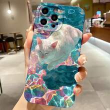 2026 nueva funda de teléfono esmerilada, funda de teléfono con estampado de gato blanco en agua colorida para iPhone 17 14 13 12 11 Pro Max  Galaxy S23 S22 S21 S20 S10 Plus, regalo de pareja para él y ella, regalo de San Valentín y cumpleaños - Negro - Ver 4