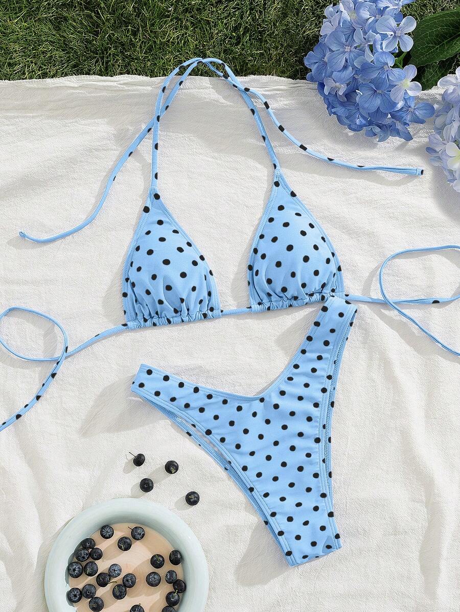 PEPPERMOLLY 新款柔软衬垫蓝白波点印花细肩带露背性感派对比基尼套装，夏季沙滩时尚女士泳装度假装 - 藍黑色 - 查看 1