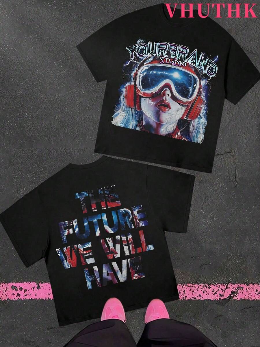 (220 Pure Cotton T-Shirt)  Your  Brand    Printing Y2k Style Printing Men's Summer Round Neck Short Sleeved Casual Cotton - 黑色 - 查看 1