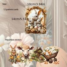 52pcs Vintage Easter Rabbit Postcard Set (12 Cards+40 Sealing Stikers) Bunny Easter Themed With Colorful Egg, Bascket. Patterns Suitble For Holidy Decor Flag, DIY Craft, Album Decor, Greeting Cards - Khaki - View 2