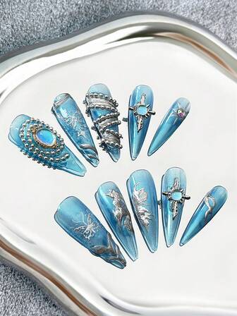 Stiletto-press-on-naglar handgjorda med flerfärgade spetsar, strass, kedjor och korsstjärneberlocker, med kattögon-/spegelpuder-handmålade 3D-mönster och år 2000-färgblockerande design - Heltäckande konstgjorda DIY-glitterlösnaglar för konserter, ravefester, modevisningar och djärv gatustil - 10 st/påse