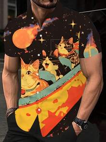 Men'S Space-Themed Cat Shirt - Breathable Short Sleeve Button-Up With Lapel Collar, Lightweight Summer Beach Shirt For Everyday & Formal Outfits - Machine Washable Casual Button-Front Top, Cat Shirt, Vibrant Print Top, Heat Transfer Print, Daily Wear, Playful Design, Durable Construction, Printed Top, Young Adults - Nhiều màu - Xem 1