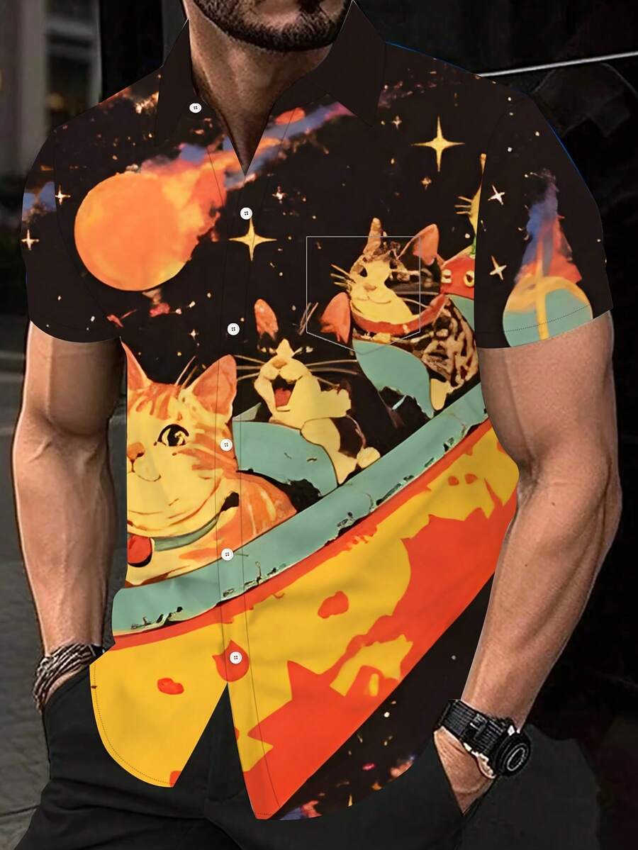 Men'S Space-Themed Cat Shirt - Breathable Short Sleeve Button-Up With Lapel Collar, Lightweight Summer Beach Shirt For Everyday & Formal Outfits - Machine Washable Casual Button-Front Top, Cat Shirt, Vibrant Print Top, Heat Transfer Print, Daily Wear, Playful Design, Durable Construction, Printed Top, Young Adults - Nhiều màu - Xem 1