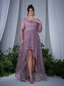 方领长袖刺绣蕾丝连衣裙，前短后长。 - 淺灰紫 - 查看 5