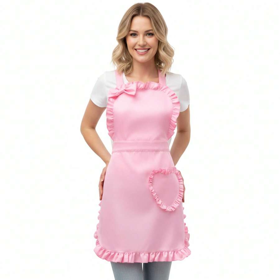 2pcs/Set Adjustable Cute Heart Pocket Apron, Suitable For Household, Work, Baking, Cooking, Gift For Women & Girls, Pink - Pink - View 1