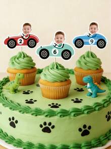 10/25/50/100个个性化赛车照片纸杯蛋糕装饰，人脸纸杯蛋糕装饰，男孩定制赛车纸杯蛋糕装饰，赛车男孩生日派对装饰，趣味装饰