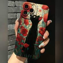 2026 nueva funda de teléfono esmerilada, funda de teléfono con patrón de gato negro y flor de amaranto roja para  17 14 Pro Max  17 13 Pro  17 12 Pro  Galaxy S23 S22 S21 funda protectora para teléfono regalo de pareja para novio novia regalo de vacaciones - Negro - Ver 2