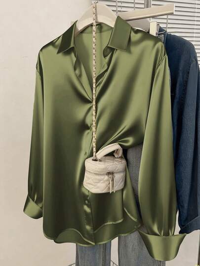 Women's Satin Blouse, Business Casual Button-Up Shirt With Lapel Collar, Elegant For Office And Casual Wear, Suitable For Autumn, Winter And Spring