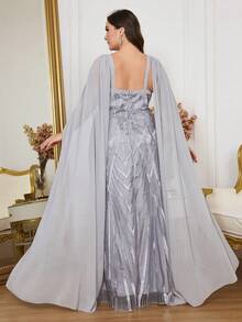Plus Size V-Neck Flare Sleeve Long Evening Gown (Heavily Embellished) Wedding Party Spring - Grey - View 3