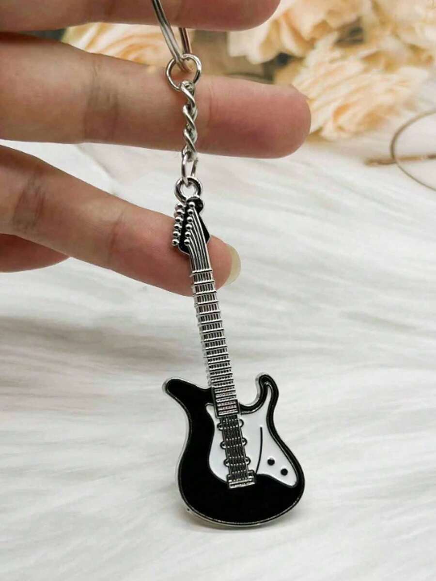 1pc Unisex Creative Metal Guitar Keychain Instrument Pendant - Black and White - View 1