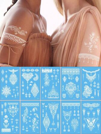 10Pcs Henna Hand-Painted White Mandala Temporary Tattoo Stickers For Brides And Bridesmaids