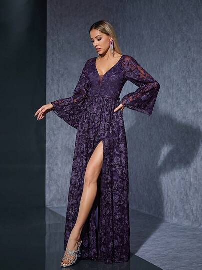 Đầm maxi Mgiacy màu tím ren hoa cổ chữ V tay xòe xẻ cao, đầm hè thanh lịch dành cho nữ, thích hợp cho dạ hội, tiệc tối, tiệc tùng và lễ hội.