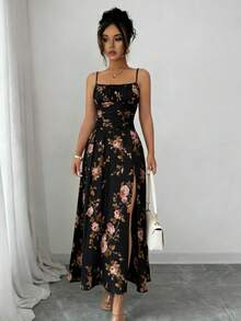 Đầm trễ vai xếp ly họa tiết hoa, xẻ tà cao, phong cách Bohemian, thích hợp cho đám cưới, dạ hội, hẹn hò, kỳ nghỉ, tiệc tùng mùa hè thanh lịch. - màu đen - Xem 1