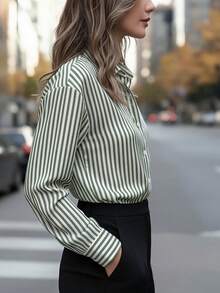 Women's Elegant Long Sleeve Striped Button-Up Shirt Blouse, Versatile Polyester Fabric - Khaki - View 3