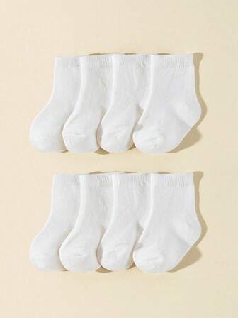 8 Pairs Solid Color Infant/Toddler Simple White Short Socks, Spring/Autumn