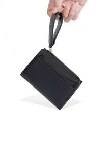 Cartera elegante y exquisita de piel de lichí con hebilla, de gran capacidad y multifunción, con cremallera portátil, clip para tarjetas de estudiante, monedero lindo y adecuado como regalo para jóvenes estudiantes, mujeres y hombres, billetera mini, monedero, billetera pequeña, billetera de muñeca, regalos para hombres, billetera de hombre, cordón para hombre - Negro - Ver 5