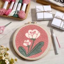 1件粉色花卉刺绣套装，花卉主题，包含绣绷、绣线、绣针、笔，适合初学者和成人，DIY戳绣配件，手工制品，家居装饰，缝纫，钩针图案，个性化礼物，精致小礼物，新年礼物，奶奶礼物，女士礼物