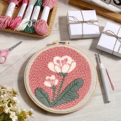 1件粉色花卉刺绣套装，花卉主题，包含绣绷、绣线、绣针、笔，适合初学者和成人，DIY戳绣配件，手工制品，家居装饰，缝纫，钩针图案，个性化礼物，精致小礼物，新年礼物，奶奶礼物，女士礼物