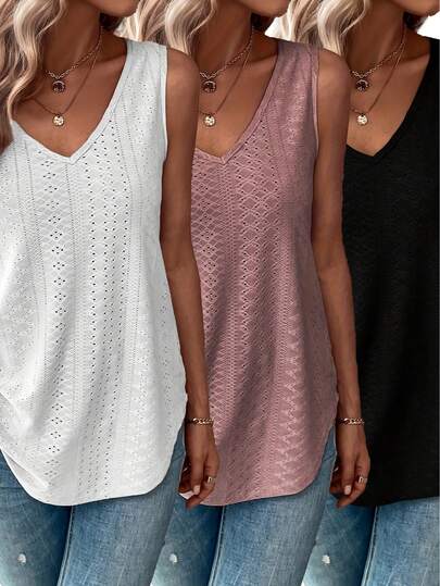 Plus Size Women Hollow Out Jacquard V-Neck Loose Fit Tank Top Set