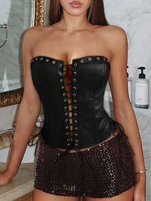 Áo corset gợi cảm, áo croptop định hình eo bằng da PU, áo hở lưng buộc dây phía trước và có khoen kim loại, thích hợp cho Giáng sinh, Lễ Tạ ơn, Tiệc năm mới. - màu đen - Xem 1